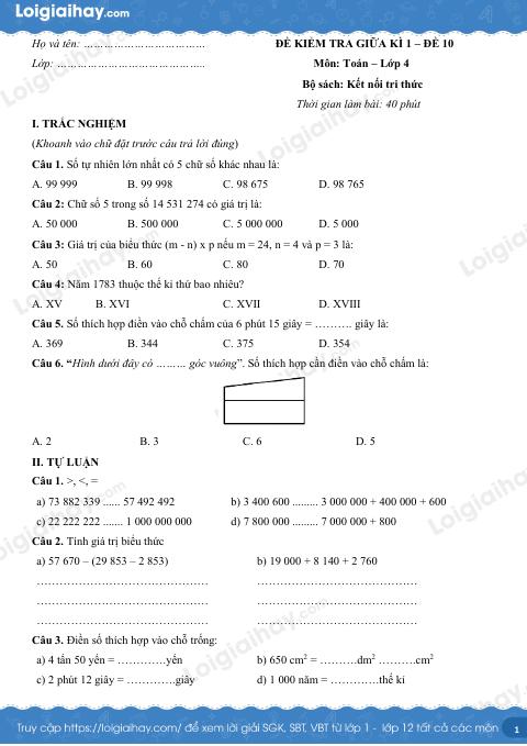 Đề kiểm tra giữa học kì 1 Toán 4 Kết nối tri thức - Đề số 10